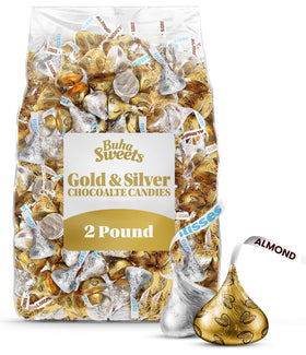 Buha Sweets 2lb gold and silver foil chocolates for elegant display.