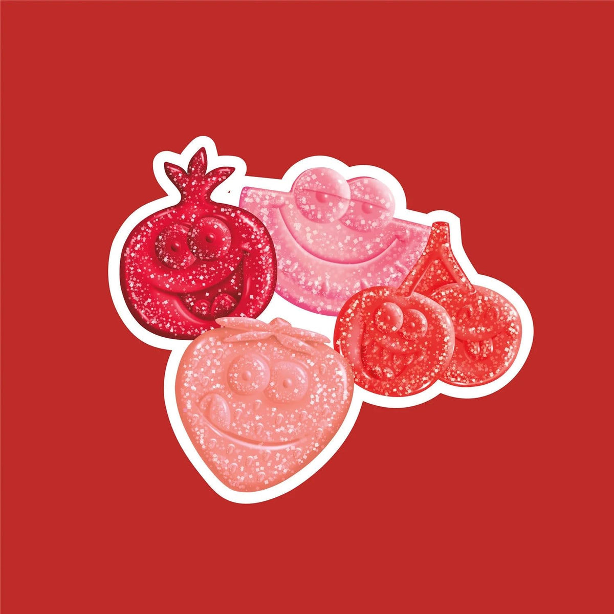 Playful Buha Sweets all-red gummy shapes with smiling faces for candy bowls.
