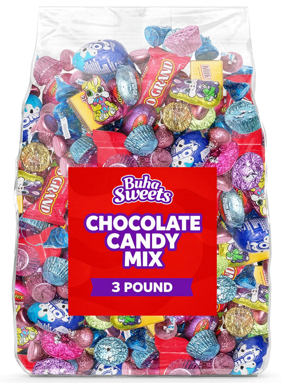 Buha Sweets bulk chocolate candies, assorted and individually wrapped for easy piñata fillings and party buffets.