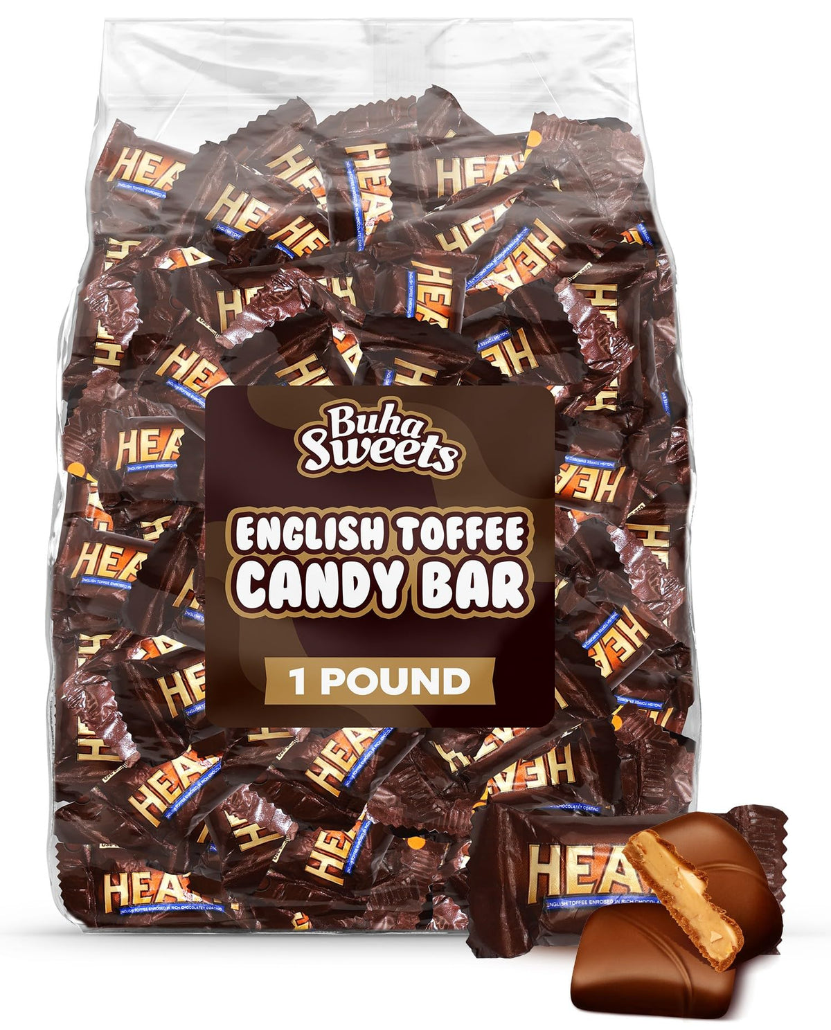 Buha Sweets bulk English toffee chocolate bars pack closeup—great for sharing at parties and gifting.