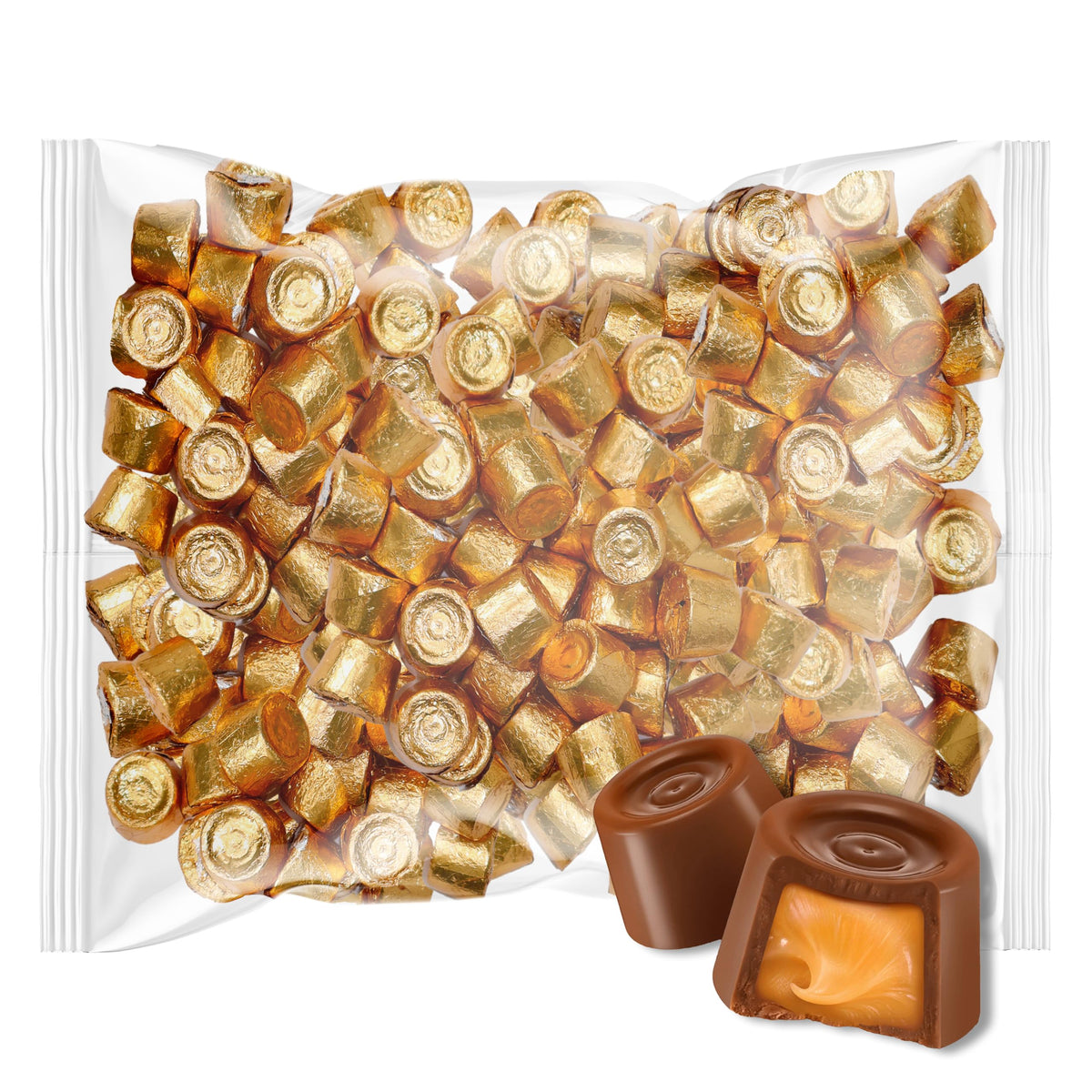 Buha Sweets caramel chocolate candy bag with gold wrappers, ideal for parties