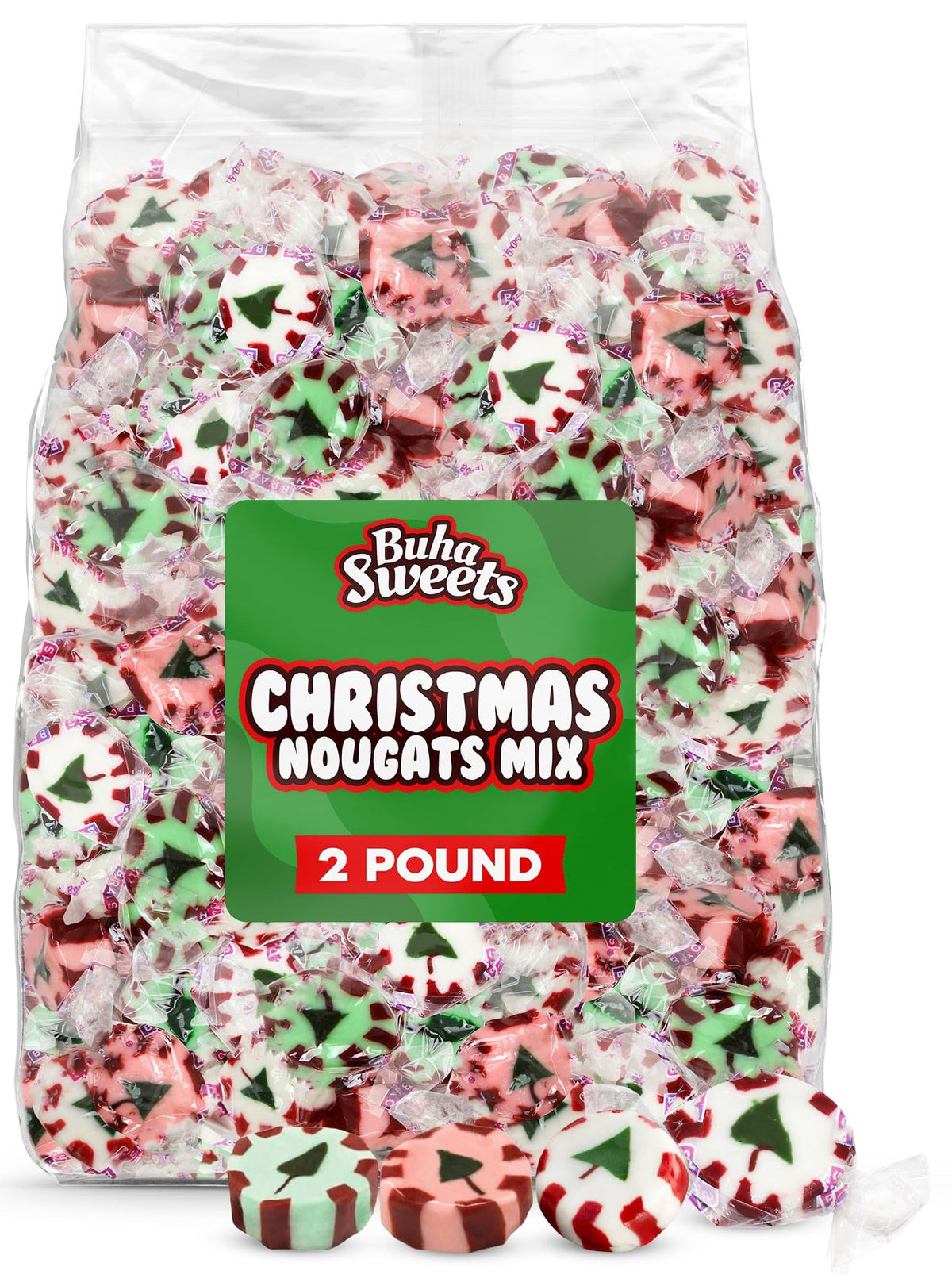 Buha Sweets Christmas nougat mix 2 lb bulk bag, ideal for gifting and seasonal displays.