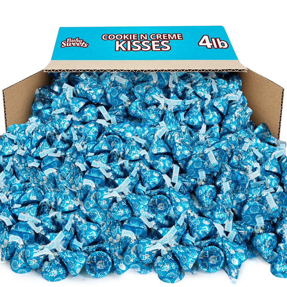 Buha Sweets Cookies and Cream Kisses in blue wrap, ideal for bulk party displays.