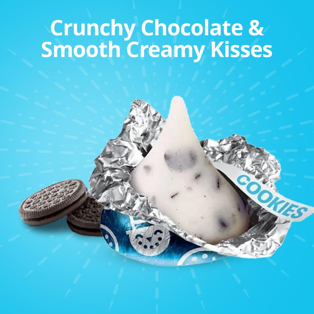 Candy buffet display with Buha Sweets blue-wrapped Cookies and Cream Kisses.