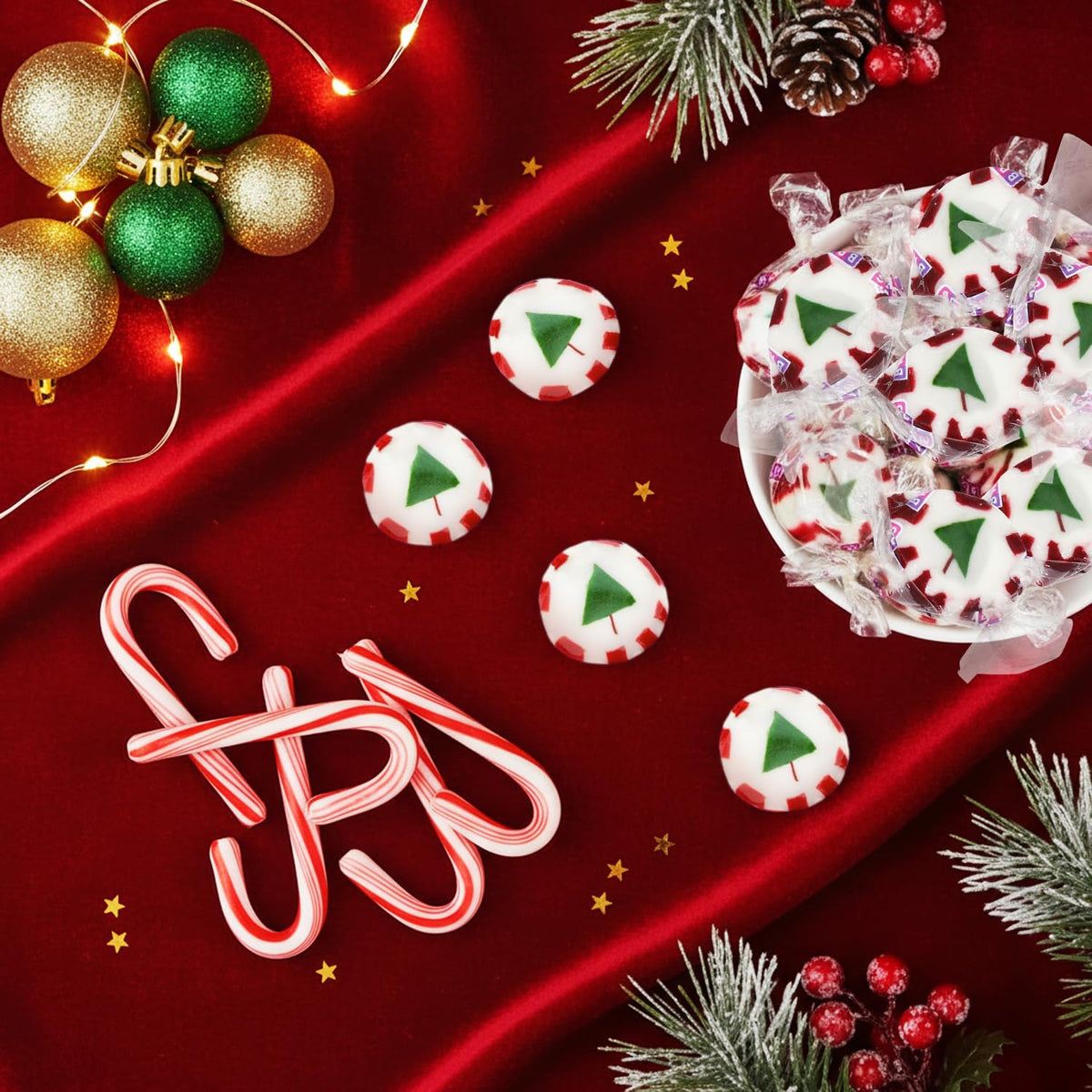 Buha Sweets festive candy bowls display with peppermint nougats.