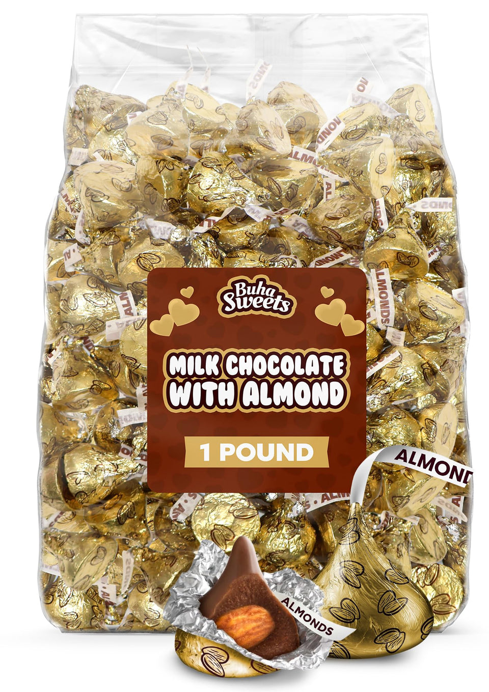 Buha Sweets gold-foil almond milk chocolate kisses in a bulk bag for upscale display.