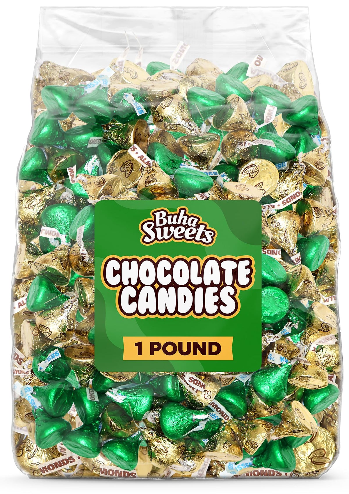 Buha Sweets green-foil milk chocolate pieces for festive St. Patrick's Day display.