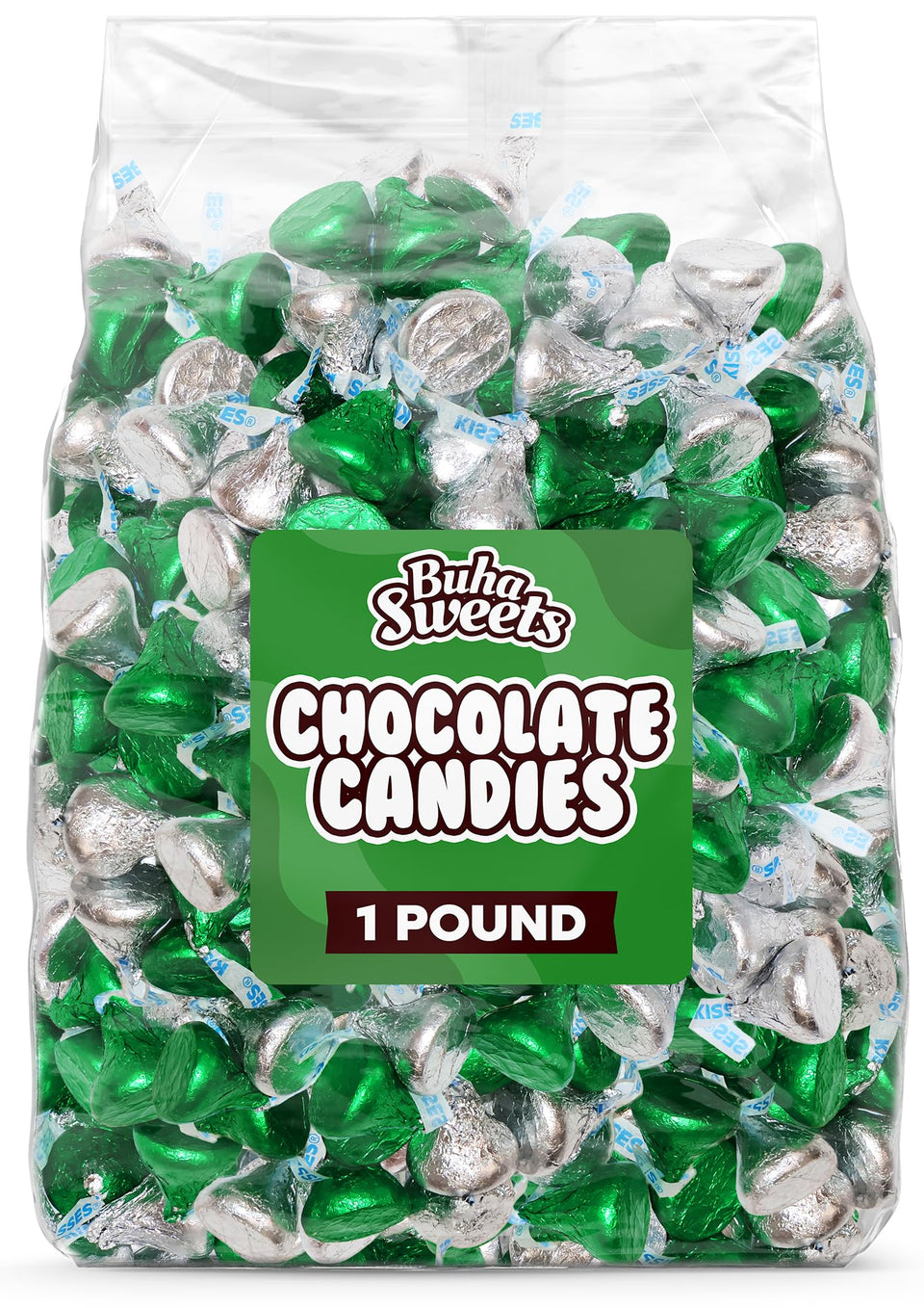 Buha Sweets green and silver foil-wrapped chocolates for festive display