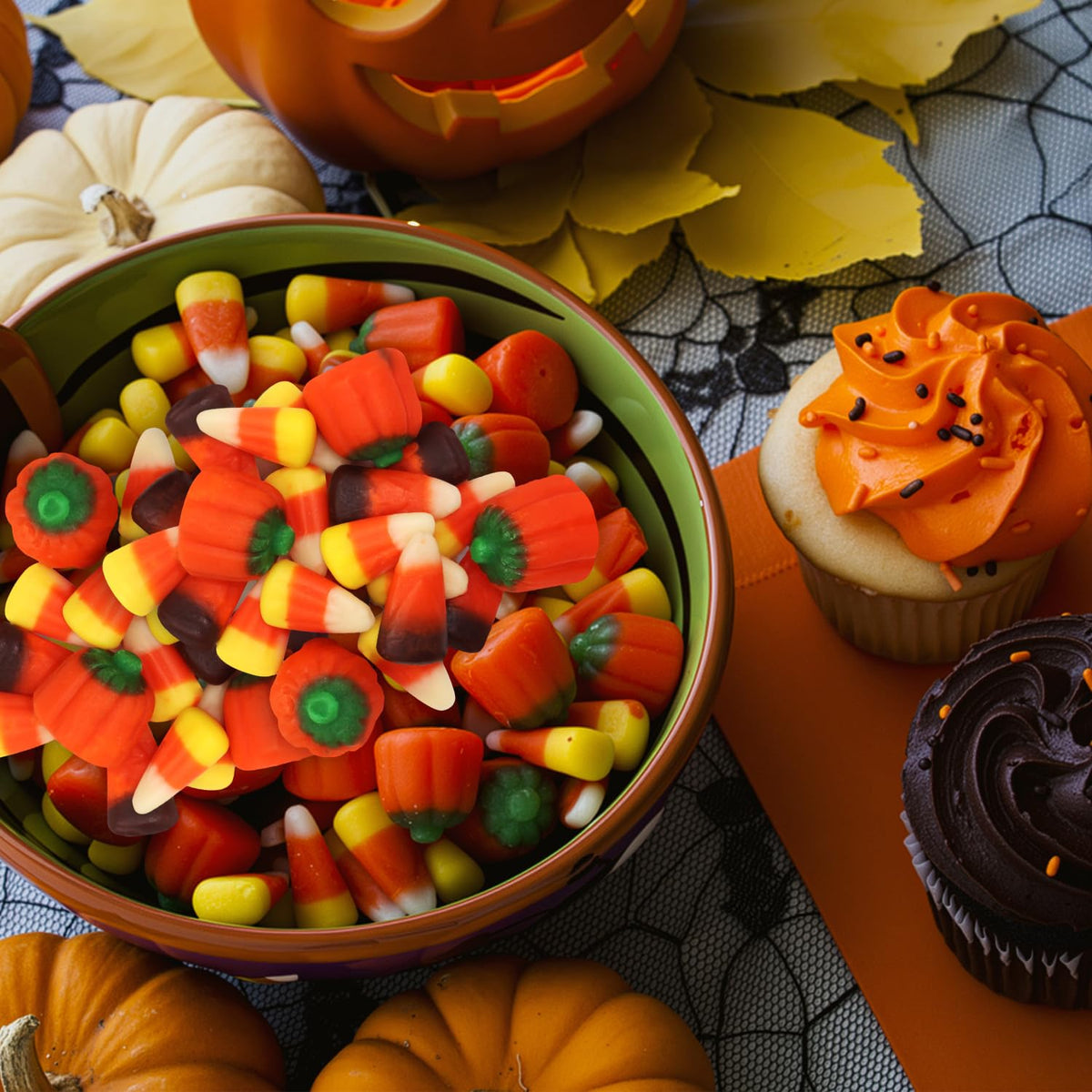 Halloween party favors and centerpieces featuring Buha Sweets autumn candies.