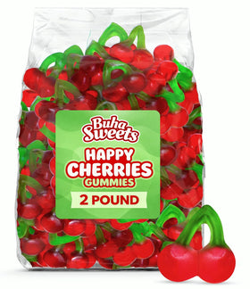 Buha Sweets Happy Cherries gummies in a 2 lb bulk bag for party buffets.