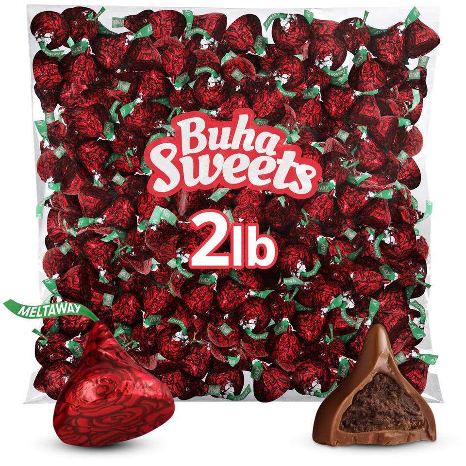 Buha Sweets Meltaway Kisses bulk image emphasizes individually wrapped chocolates for easy sharing.