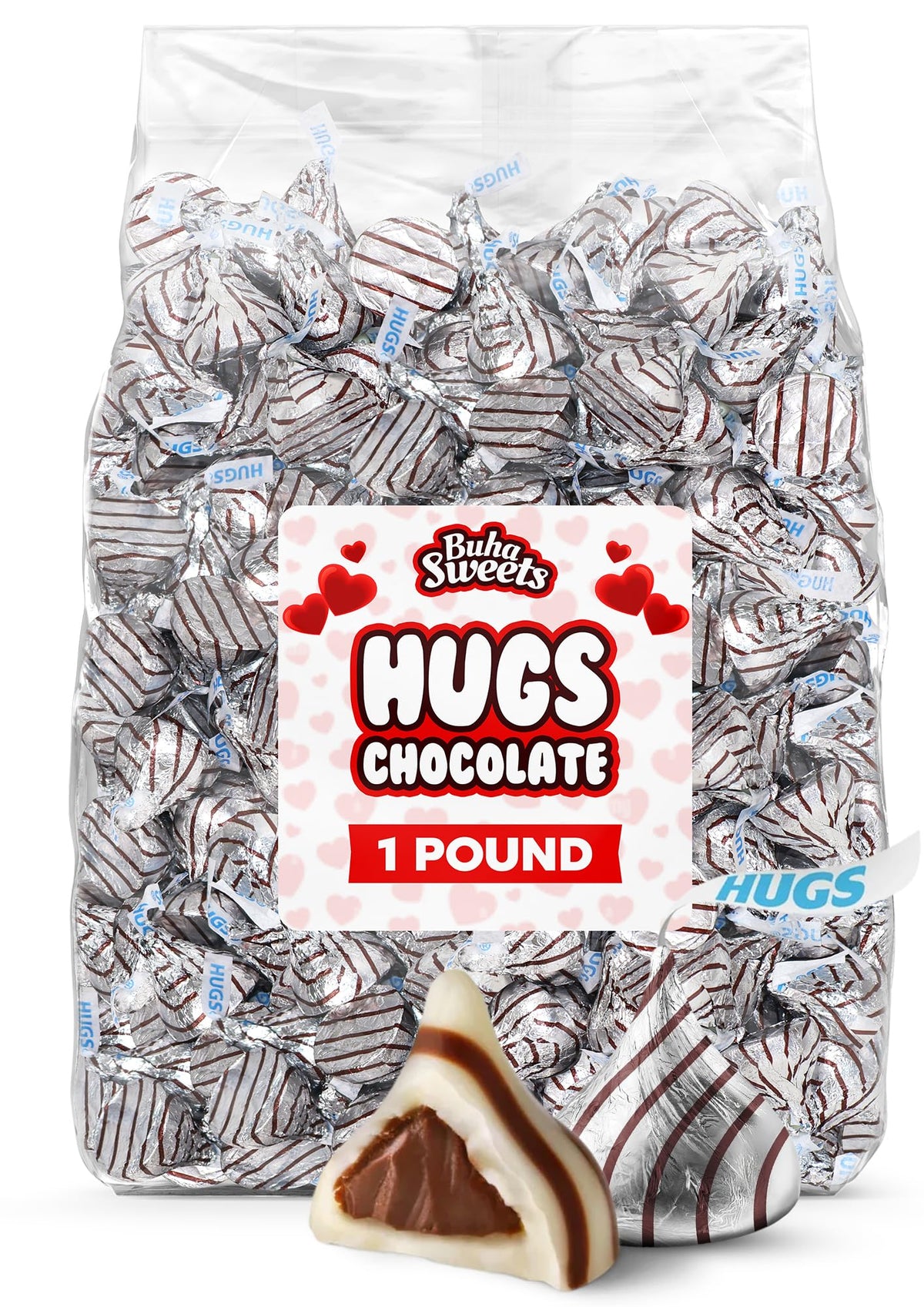 Buha Sweets Milk Chocolate Hugs pack neatly displayed for party sharing.