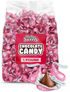 Buha Sweets milk chocolate in pink foil packaging, perfect for party favors.
