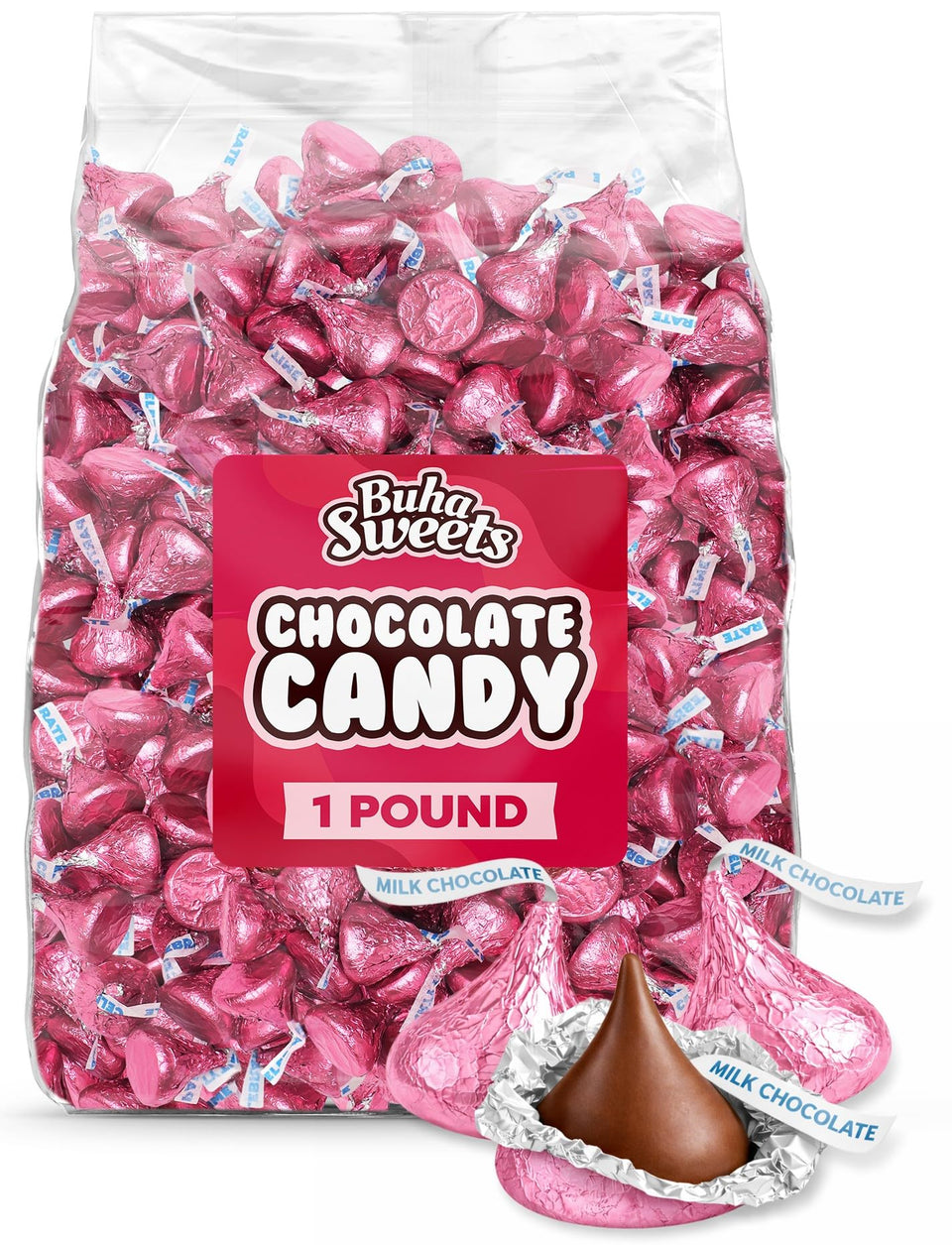 Buha Sweets milk chocolate in pink foil packaging, perfect for party favors.