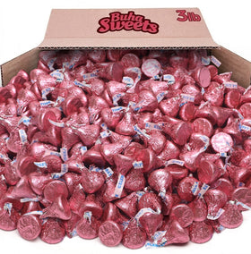 Buha Sweets milk chocolate in pink foil, bulk party favors and candy jars.