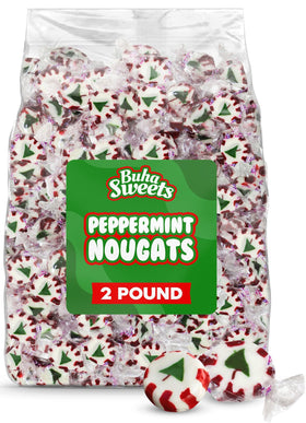 Buha Sweets peppermint nougats with a green tree center, ideal for holiday bowls.