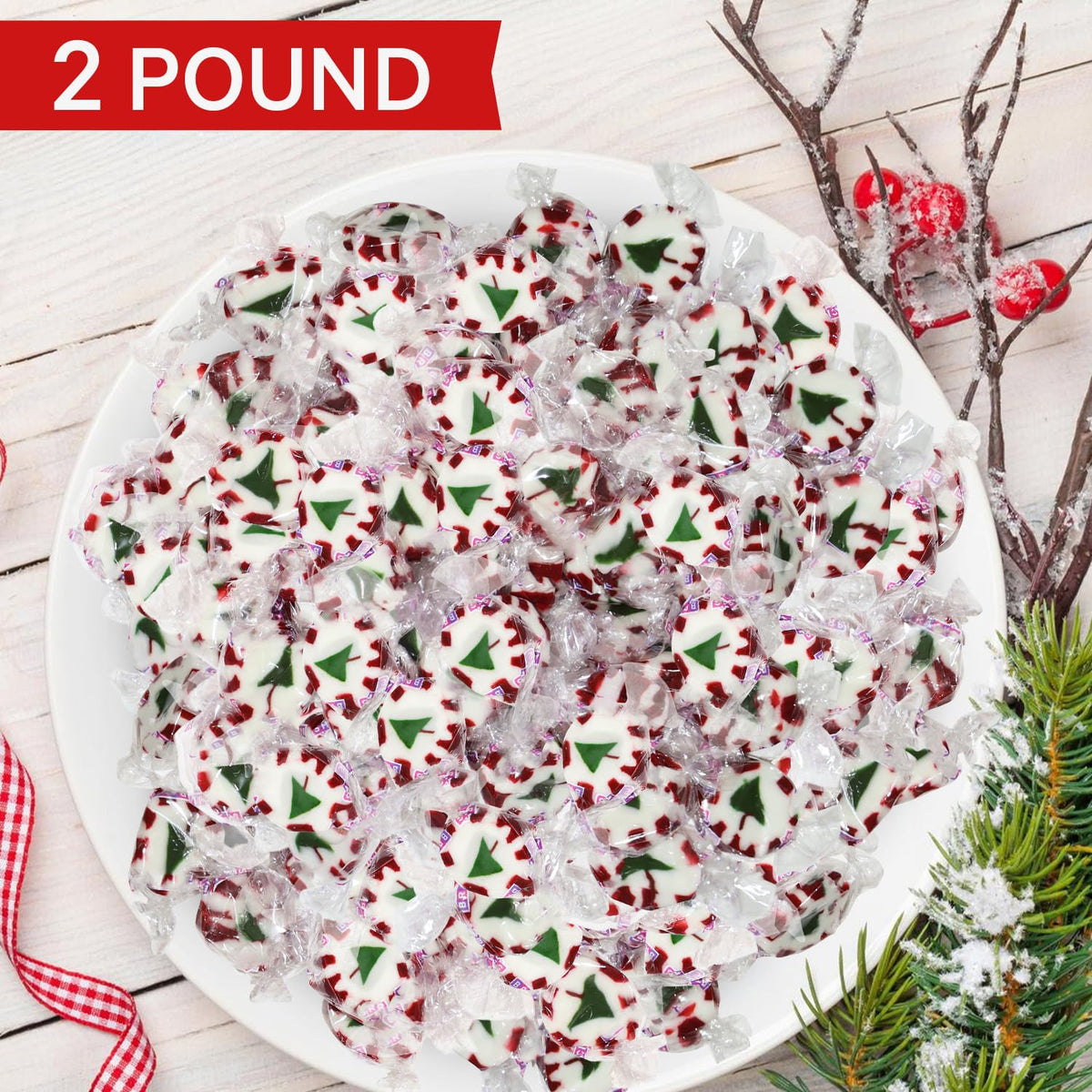 Buha Sweets red and white peppermint swirl nougats, great for dessert trays.