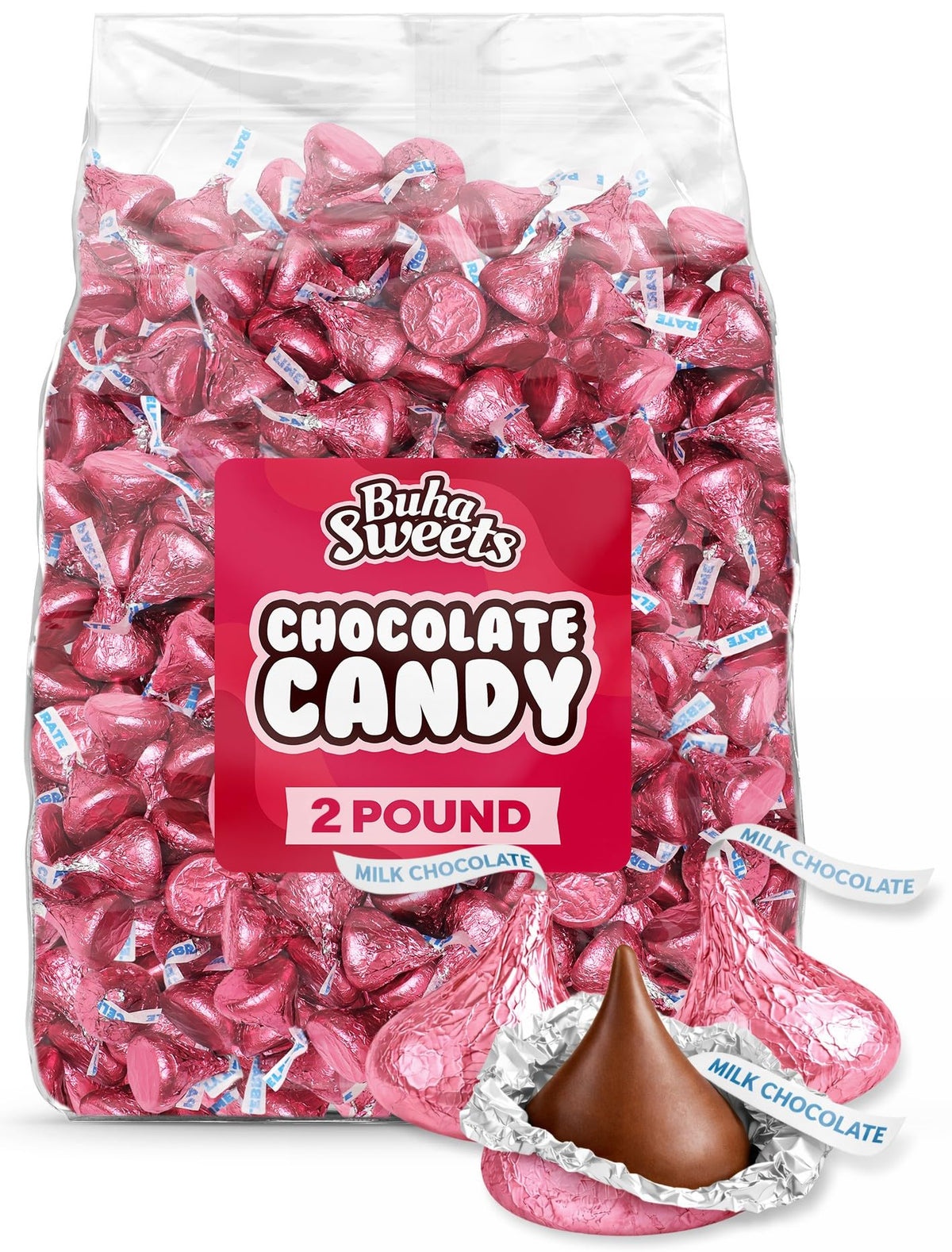 Buha Sweets pink-wrapped milk chocolate bulk bag ready for party sharing