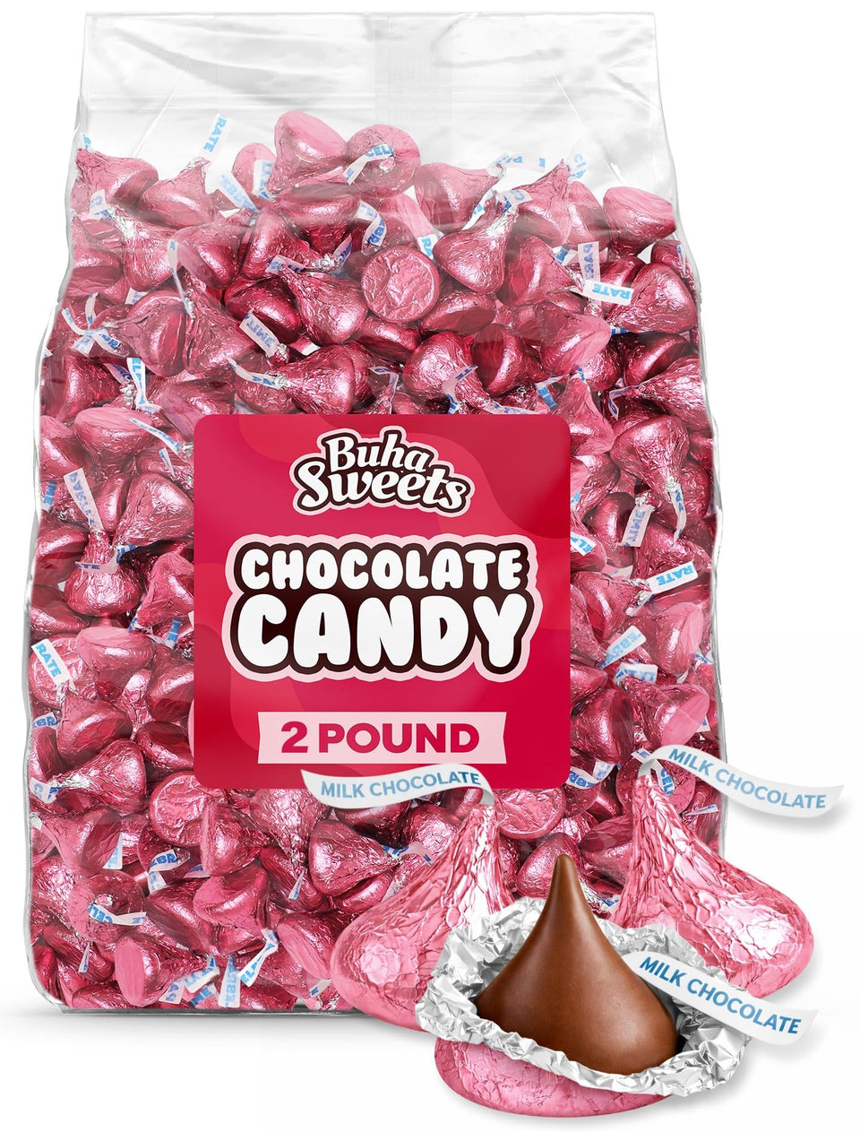 Buha Sweets pink-wrapped milk chocolate bulk bag ready for party sharing