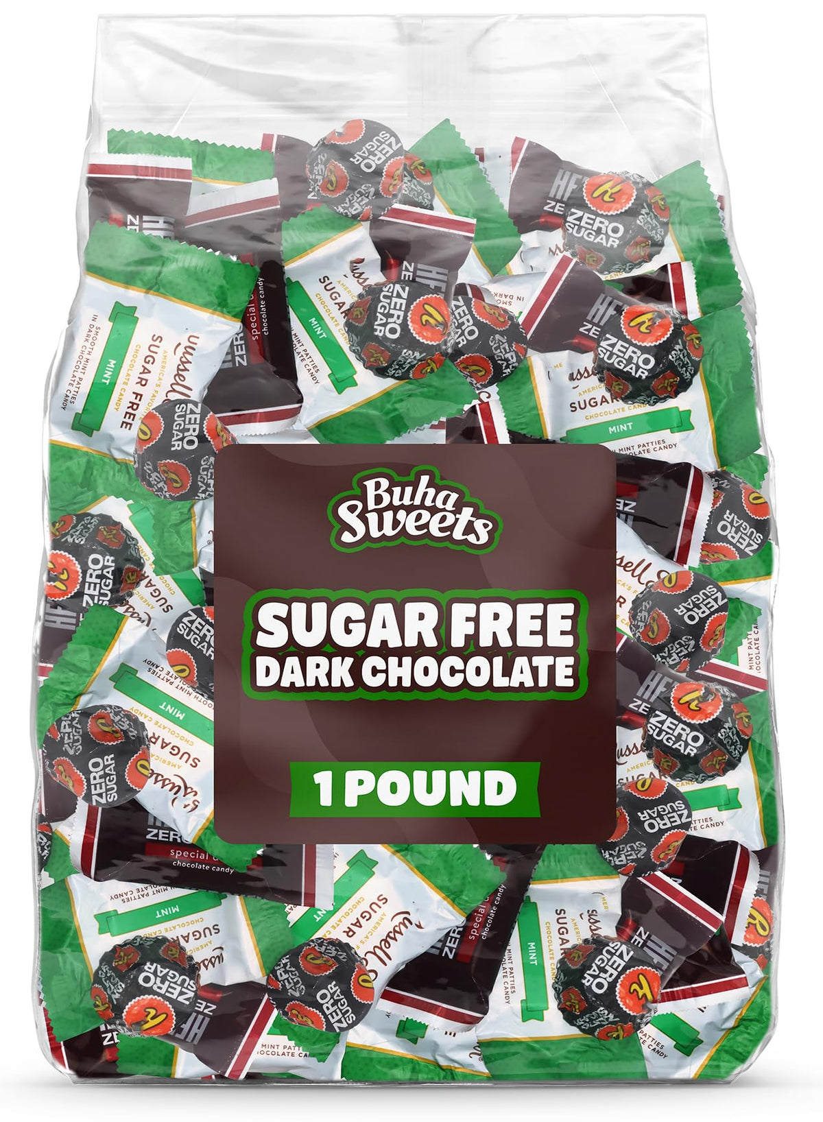 Buha Sweets sugar-free dark chocolate variety pack with assorted individually wrapped pieces.