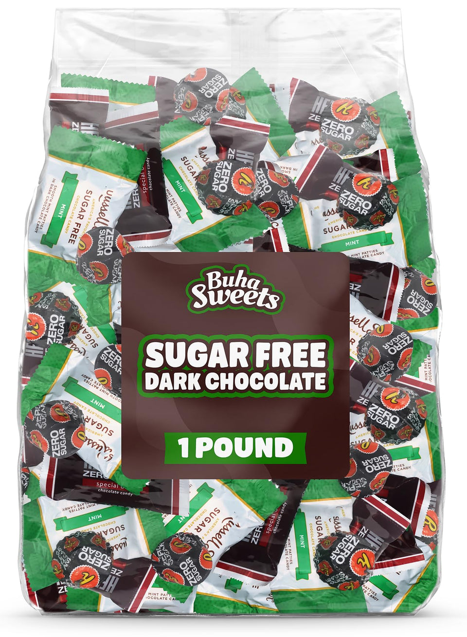 Buha Sweets sugar-free dark chocolate variety pack with assorted individually wrapped pieces.