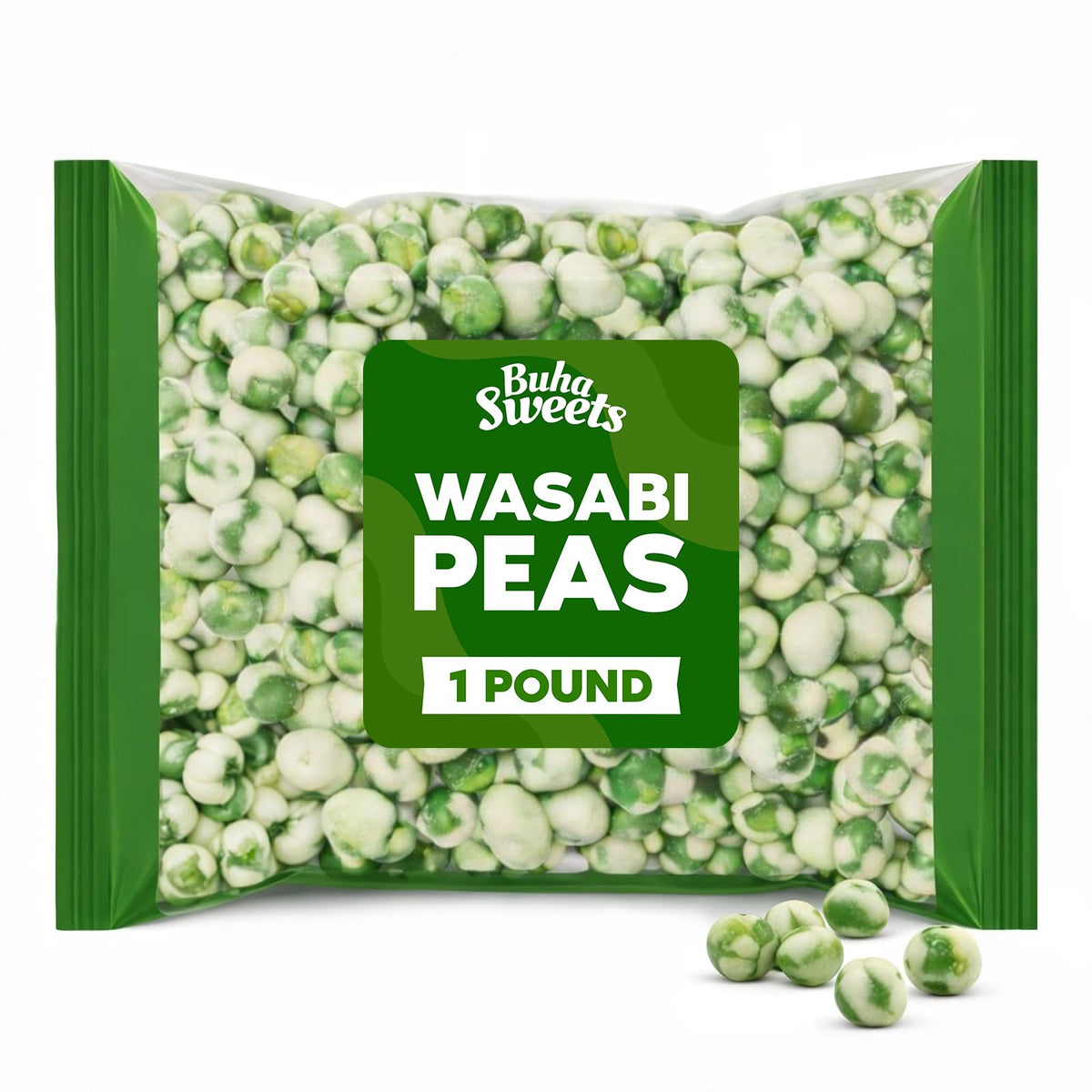 Buha Sweets Wasabi Peas 1lb bulk pack for sharing and snacking.