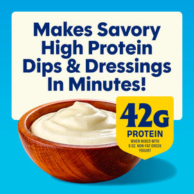 Scoop of Build the Body Protein Ranch Dip Mix ready to portion protein.