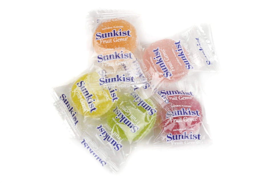 Bulk Candy Sunkist Fruit Gems wrapped bites in a resealable bag for on-the-go snacking.