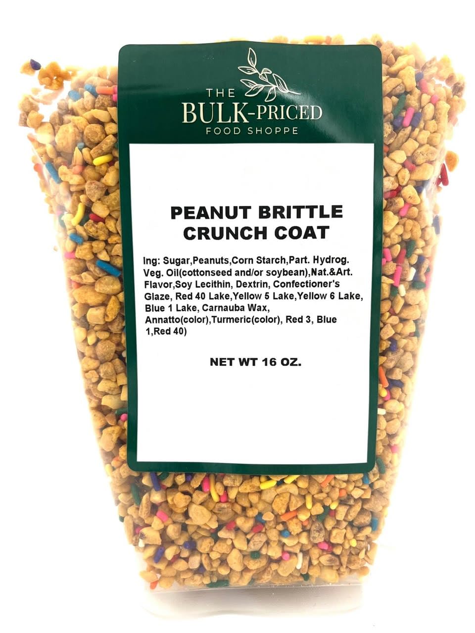 The Bulk-Priced Food Shoppe Peanut Brittle Crunch Coat adds colorful crunch to ice cream.