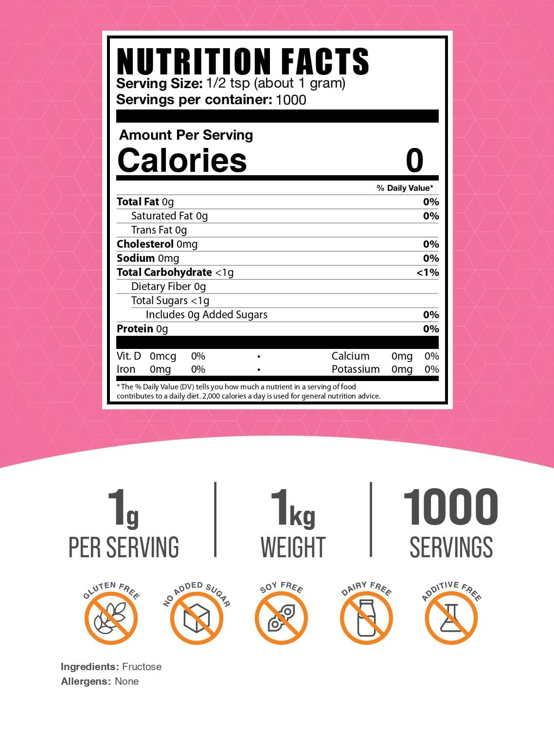 BulkSupplements Fructose Powder scoop shows calorie-free sweetness for beverages and desserts.