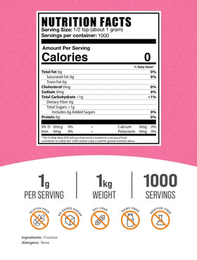 BulkSupplements Fructose Powder scoop shows calorie-free sweetness for beverages and desserts.