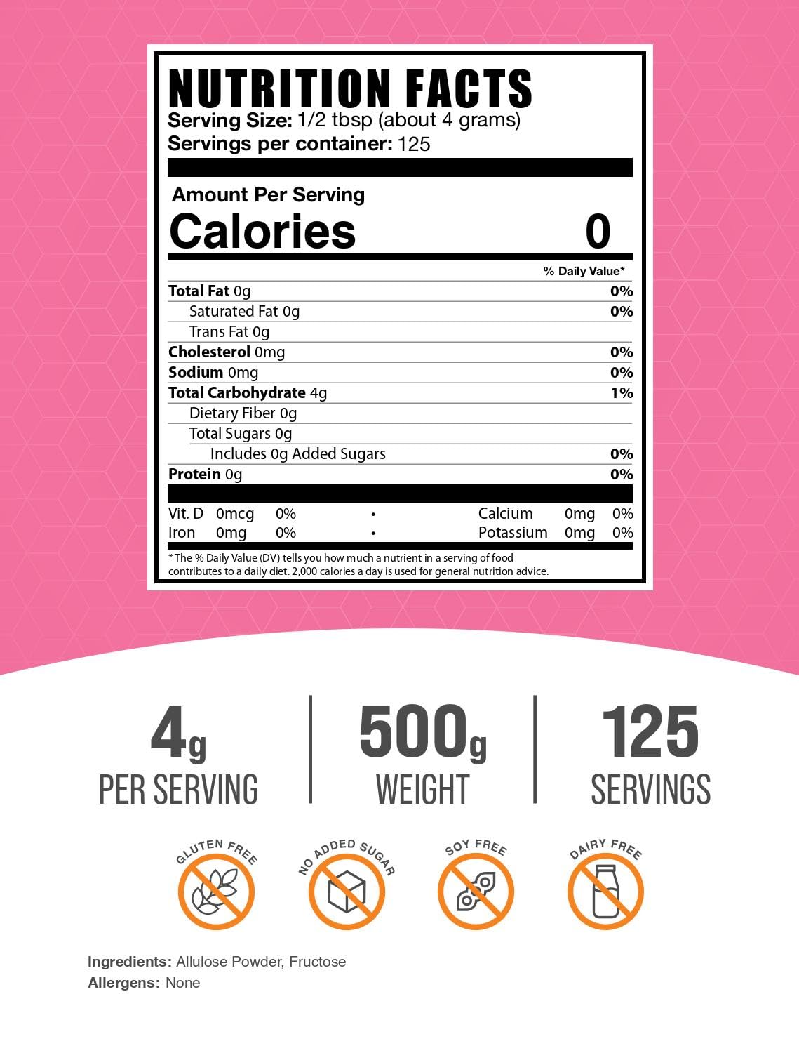 Close-up of BulkSupplements Allulose powder jar showing purity and gluten-free status