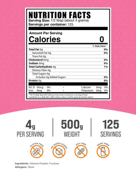 Close-up of BulkSupplements Allulose powder jar showing purity and gluten-free status