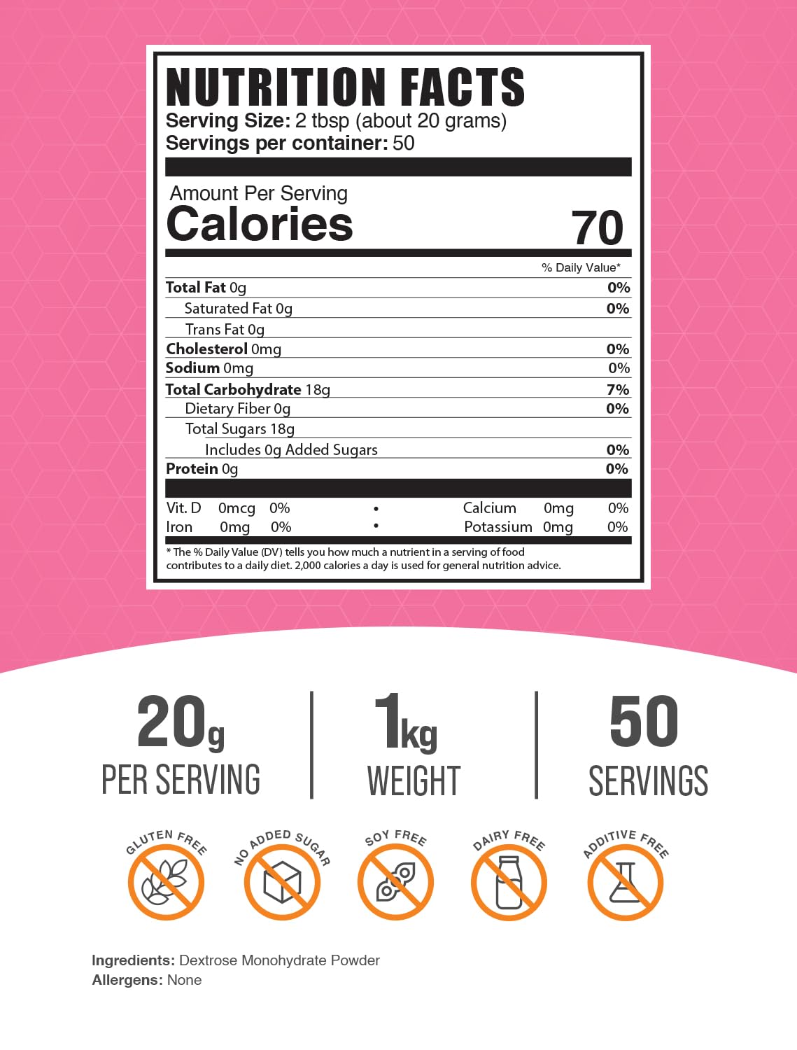 BulkSupplements Dextrose powder pour, smooth mix ideal for shakes and cooking.
