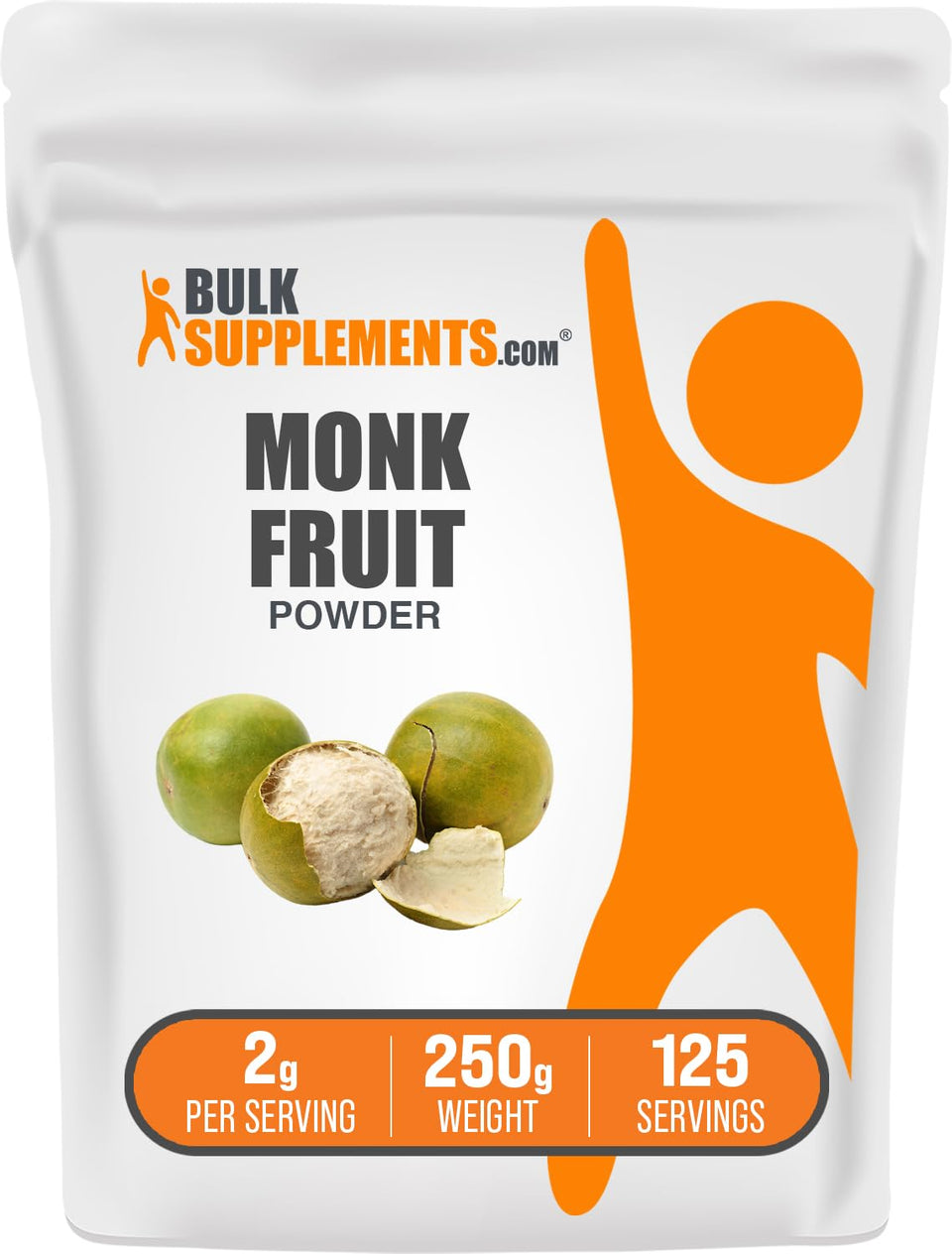 BulkSupplements Monk Fruit Powder container shows pure gluten-free sweetener for baking.