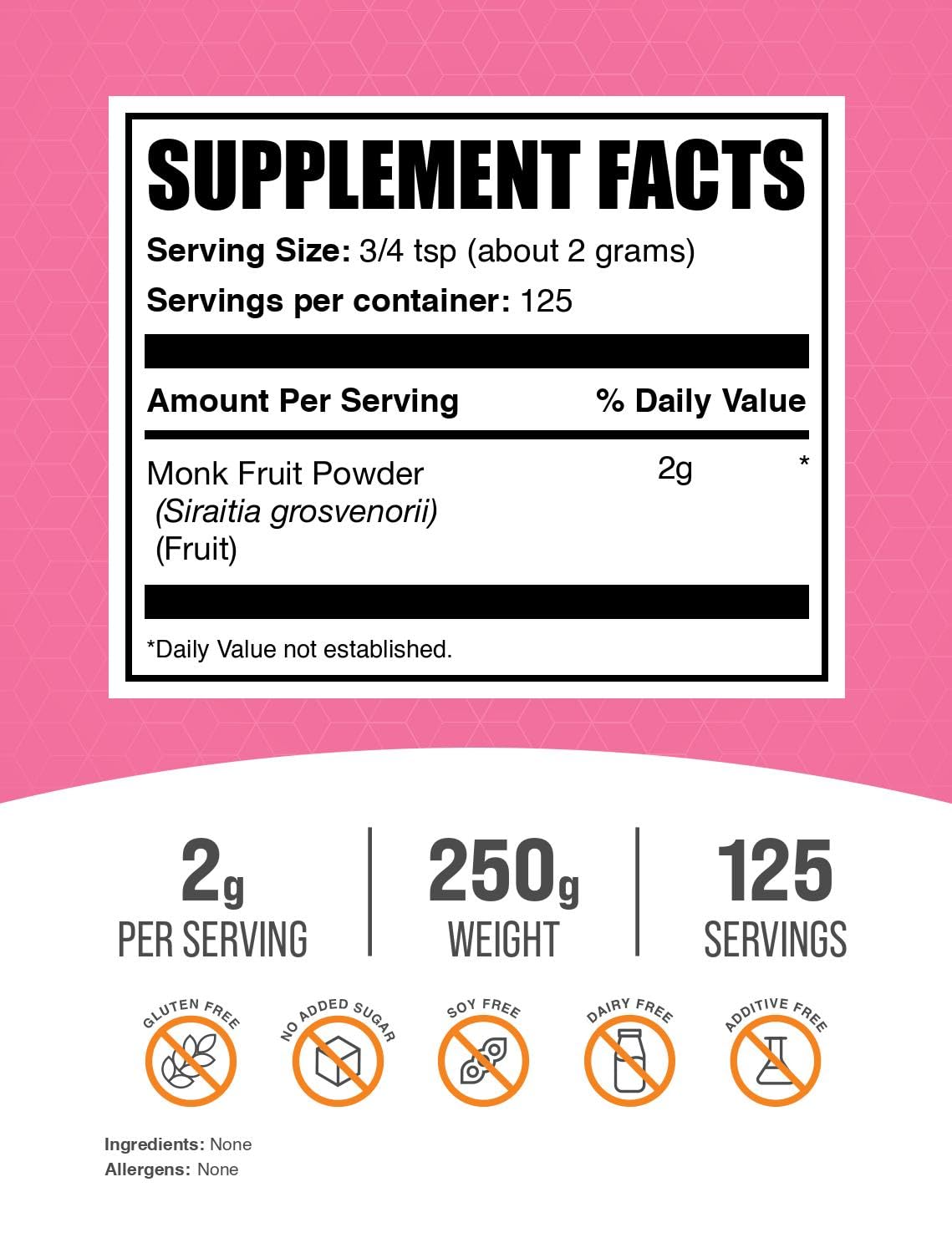 BulkSupplements Monk Fruit Powder dispensing spoon highlights precise, sugar-free sweetening for beverages.