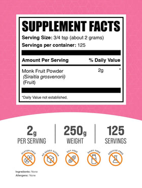 BulkSupplements Monk Fruit Powder dispensing spoon highlights precise, sugar-free sweetening for beverages.