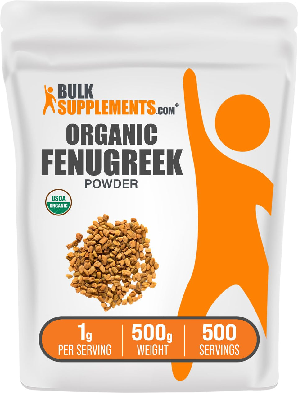 BulkSupplements Organic Fenugreek Powder bottle shown, great for daily supplement use and cooking.