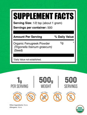 BulkSupplements Organic Fenugreek Powder scoop for easy measurement in recipes and routines.