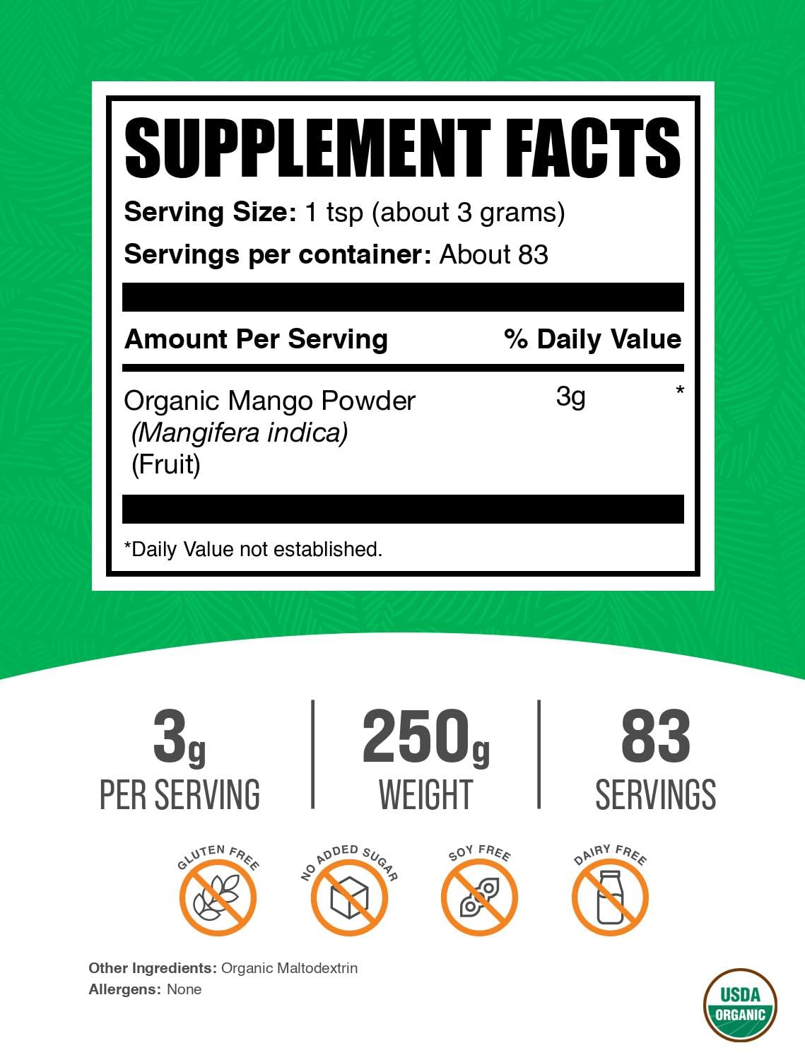 BulkSupplements Organic Mango Powder jar with scoop, ideal for quick flavor boosts.