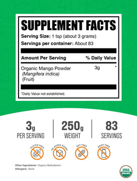 BulkSupplements Organic Mango Powder jar with scoop, ideal for quick flavor boosts.
