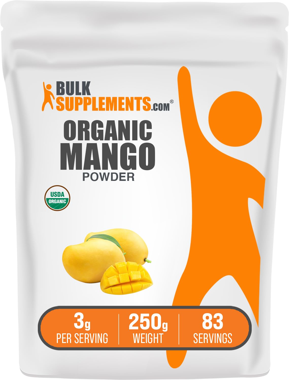BulkSupplements Organic Mango Powder packaging shown, gluten-free and sugar-free flavor option.