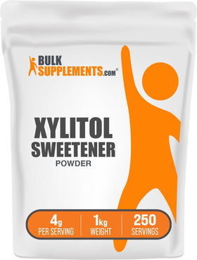 BulkSupplements Xylitol Powder 1kg pack, vegan sugar substitute in a kitchen setting
