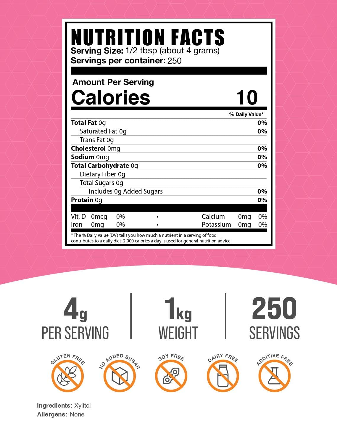 Closeup of BulkSupplements Xylitol Powder bottle showing label and texture