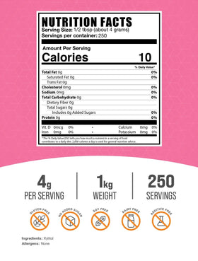 Closeup of BulkSupplements Xylitol Powder bottle showing label and texture