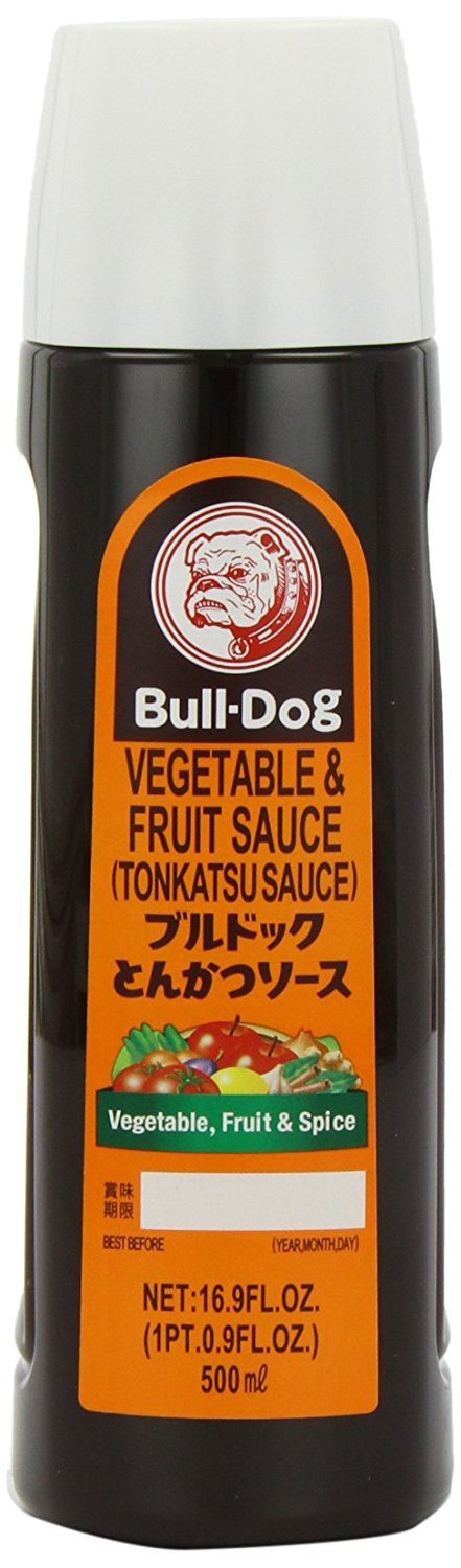 Bull-Dog Tonkatsu Sauce bottle pour adds rich tang to pork and fried foods.