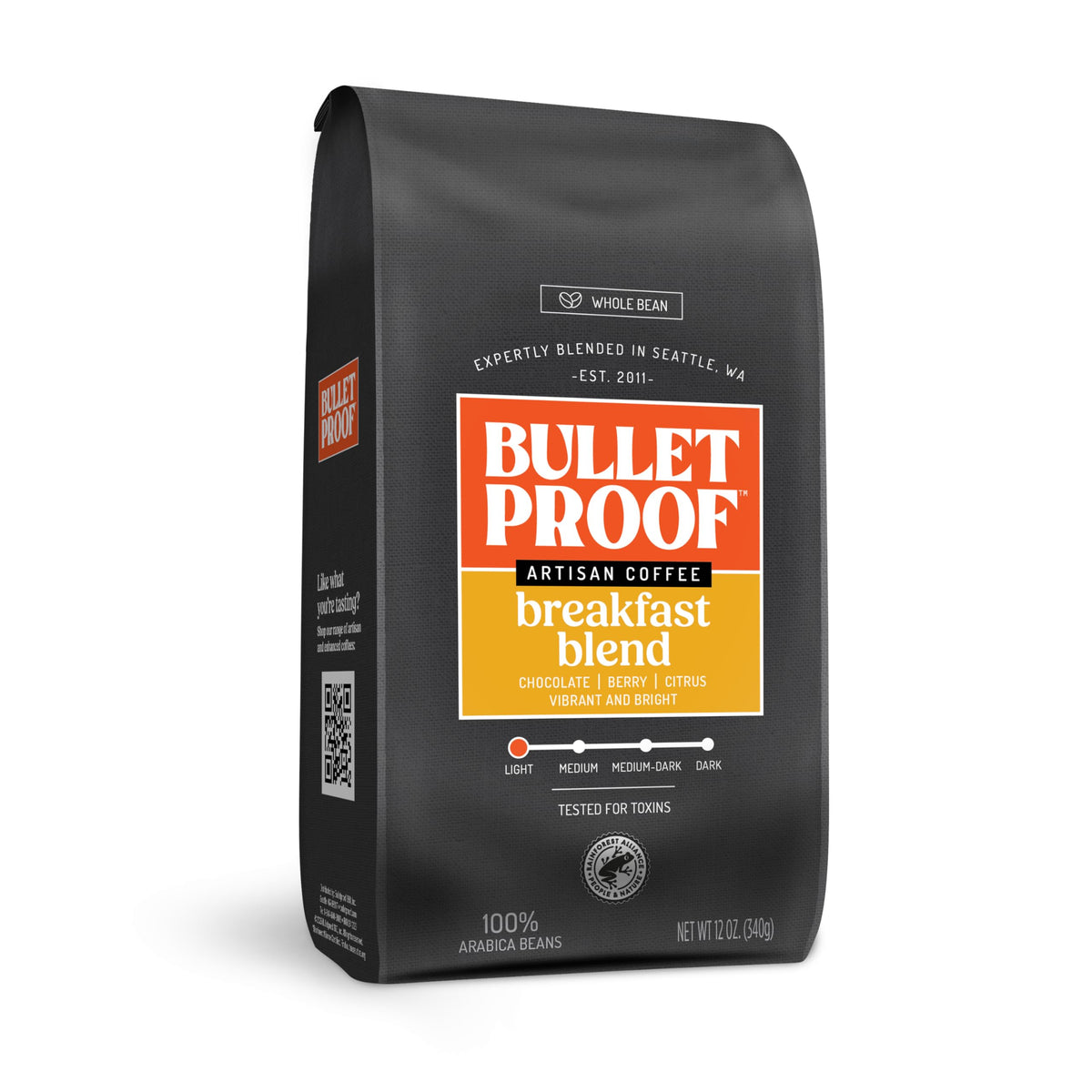 Bulletproof Breakfast Blend bag on kitchen counter with a bright aroma
