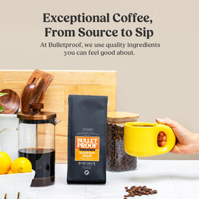 Bulletproof Breakfast Blend brewed cup releasing milk chocolate and citrus notes