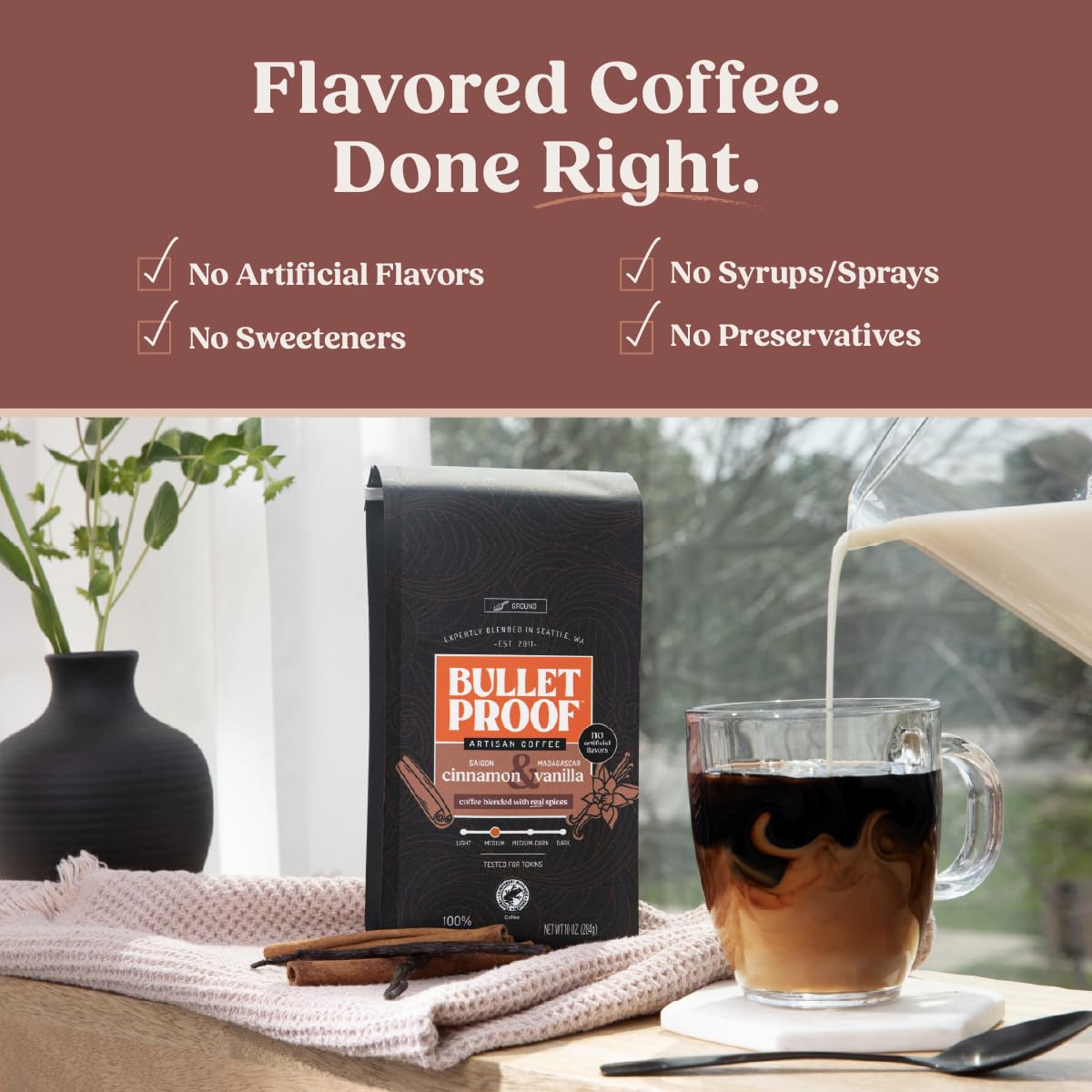 Open Bulletproof Cinnamon & Vanilla ground coffee bag showing real spices
