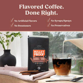 Open Bulletproof Cinnamon & Vanilla ground coffee bag showing real spices